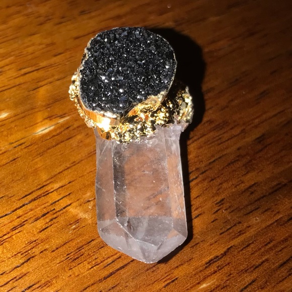 “Black Druzy & Clear Quartz” Crystal Pyramid Terminated Point Wand Gold Necklace - Picture 10 of 16